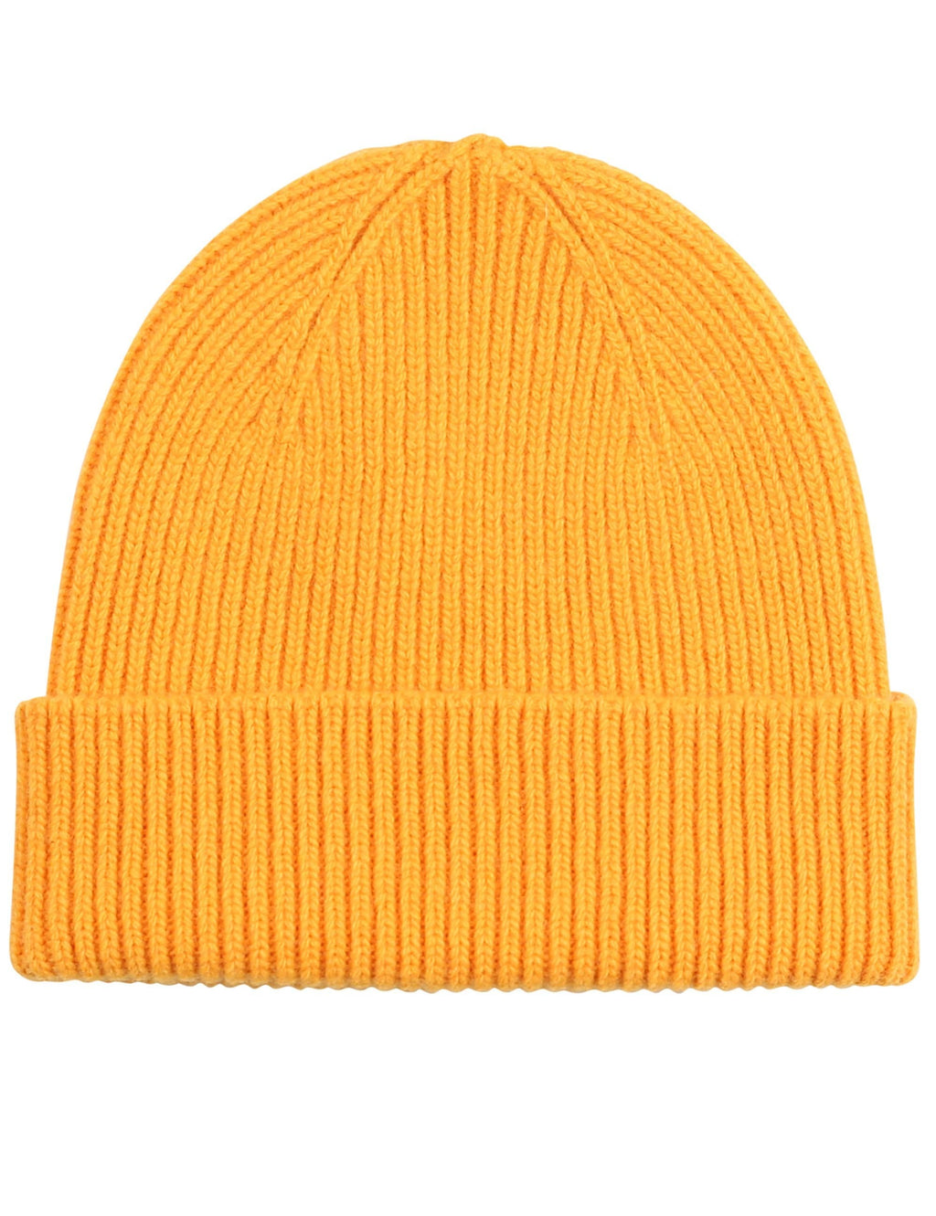 Merino wool beanie hat in burned yellow, ribbed knit and folded cuff