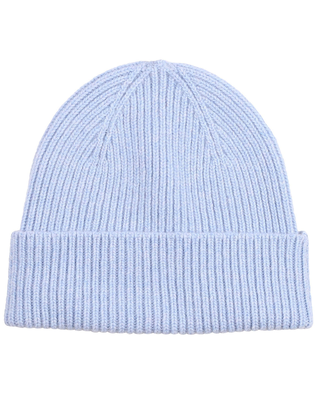 Light blue ribbed merino wool beanie with fold-over cuff
