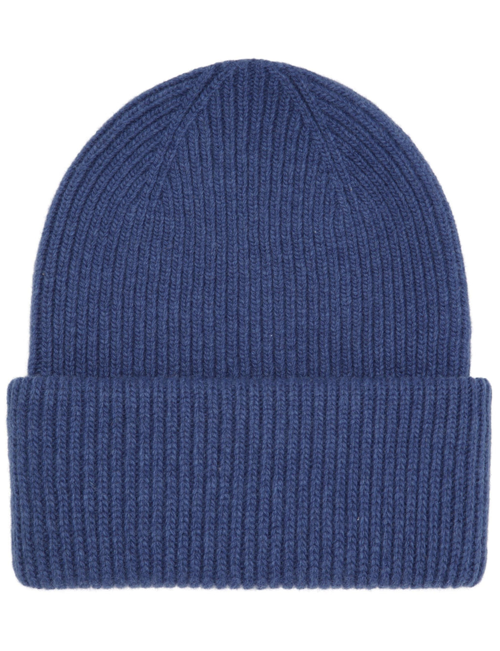 Royal blue merino wool chunky beanie hat with ribbed knit cuff and round crown