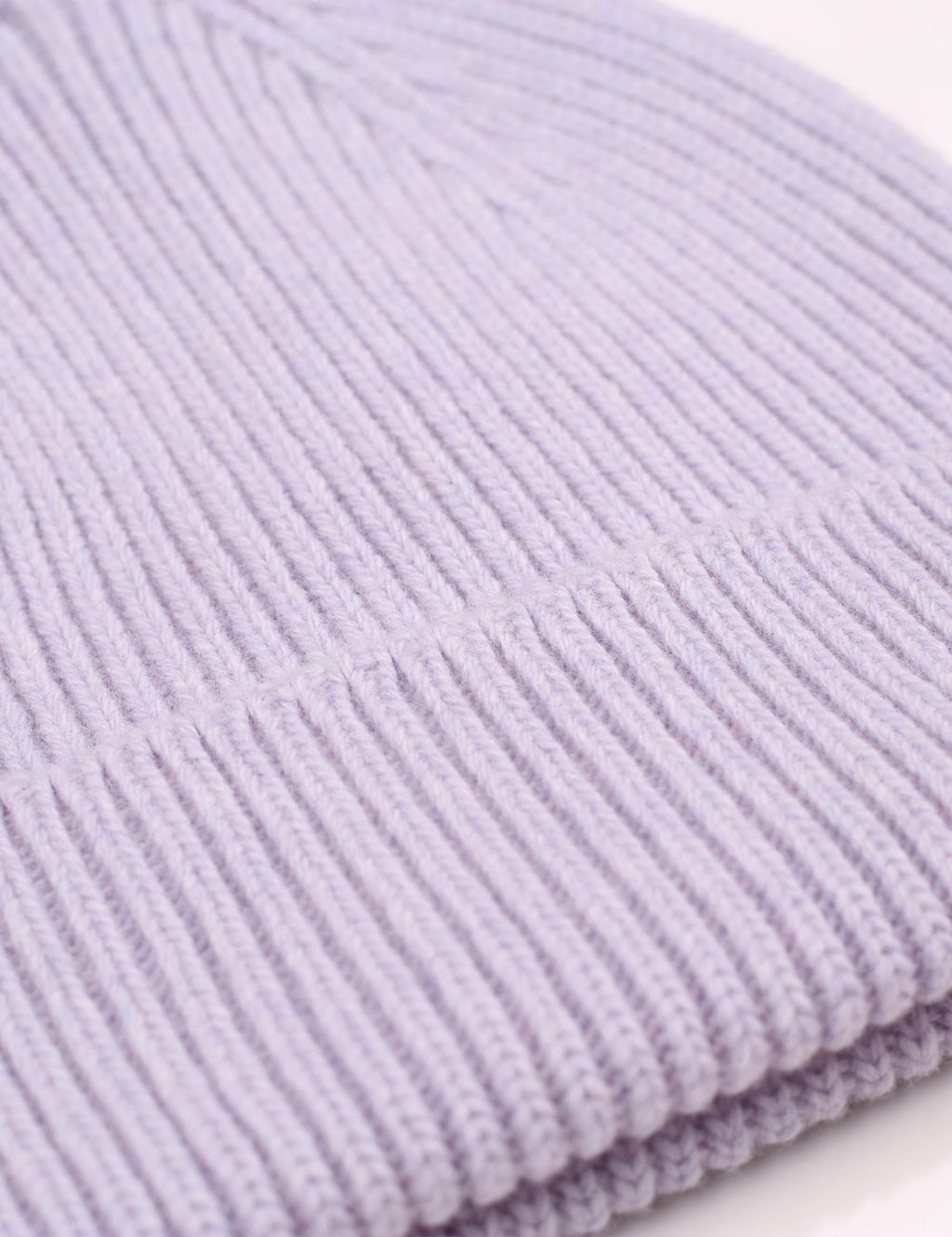 Lavender ribbed knit beanie cuff close-up, chunky texture