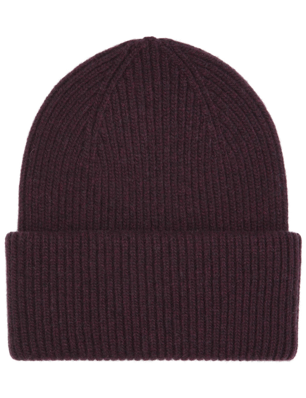 Oxblood red chunky merino wool beanie with ribbed cuff and knit pattern