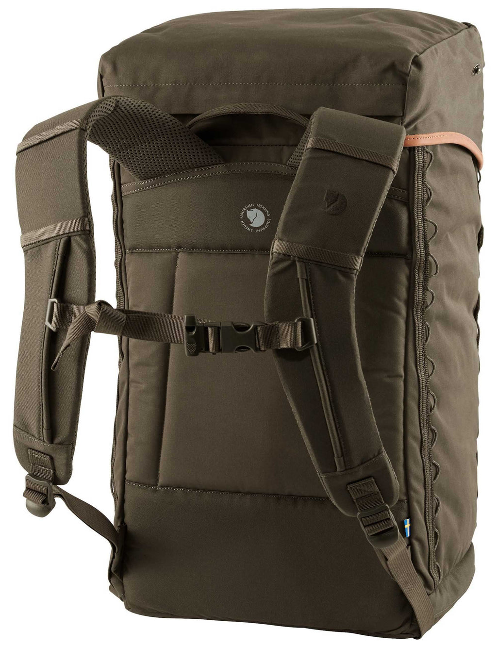 Dark olive backpack back panel with padded shoulder straps and adjustable buckles.