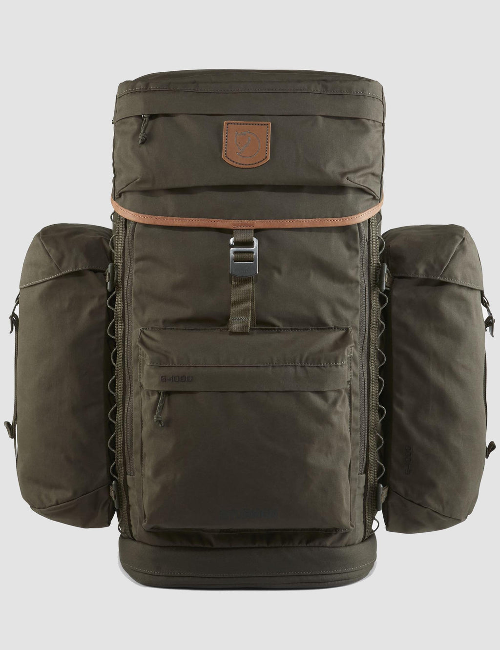 Dark olive backpack front view with top handle, logo patch, and side storage pockets.