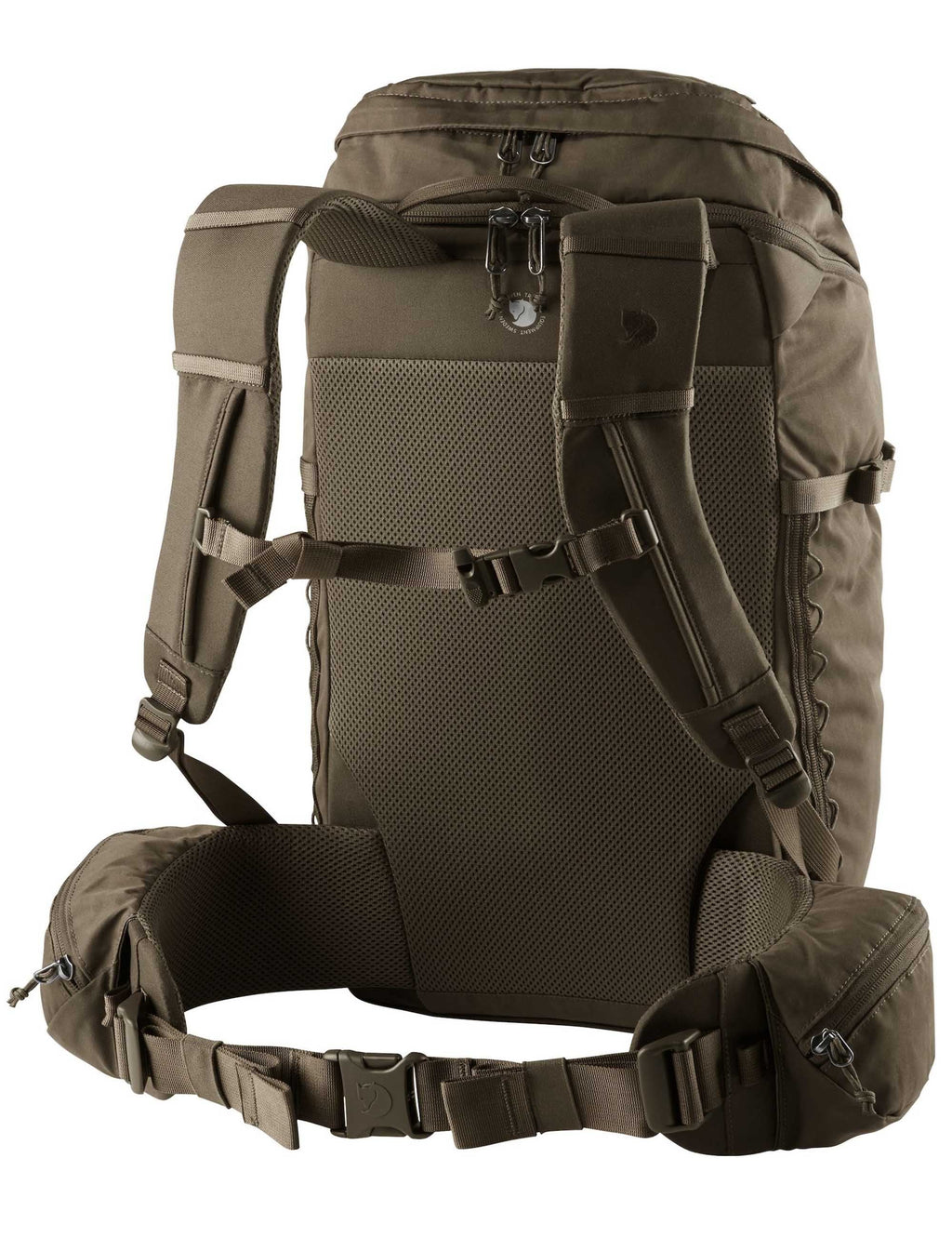 Dark olive backpack with padded back panel, shoulder straps, and waist belt