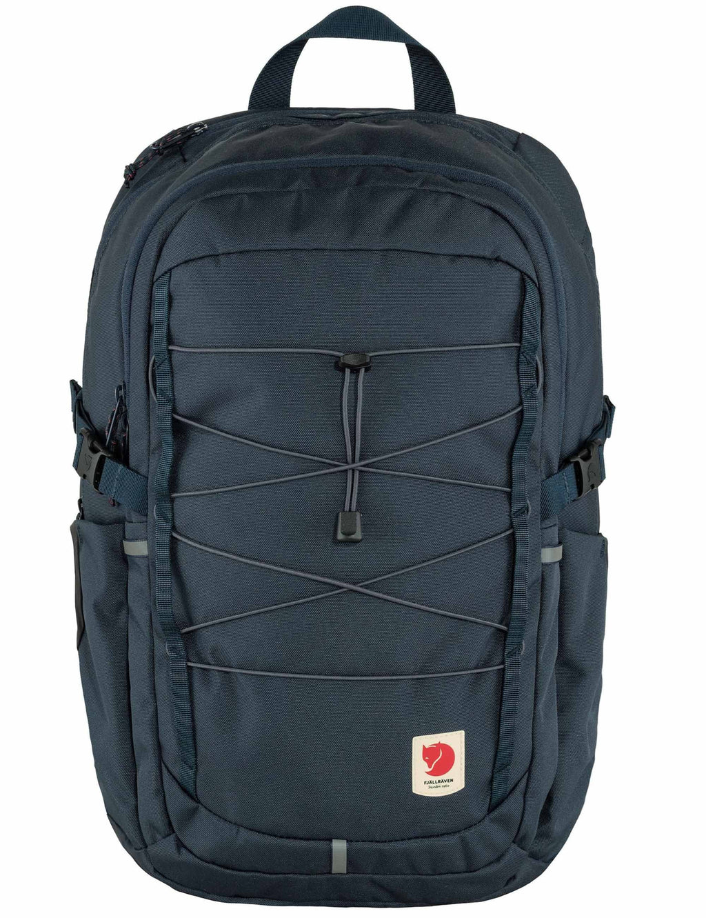 Navy 28L backpack front view with adjustable straps and logo patch