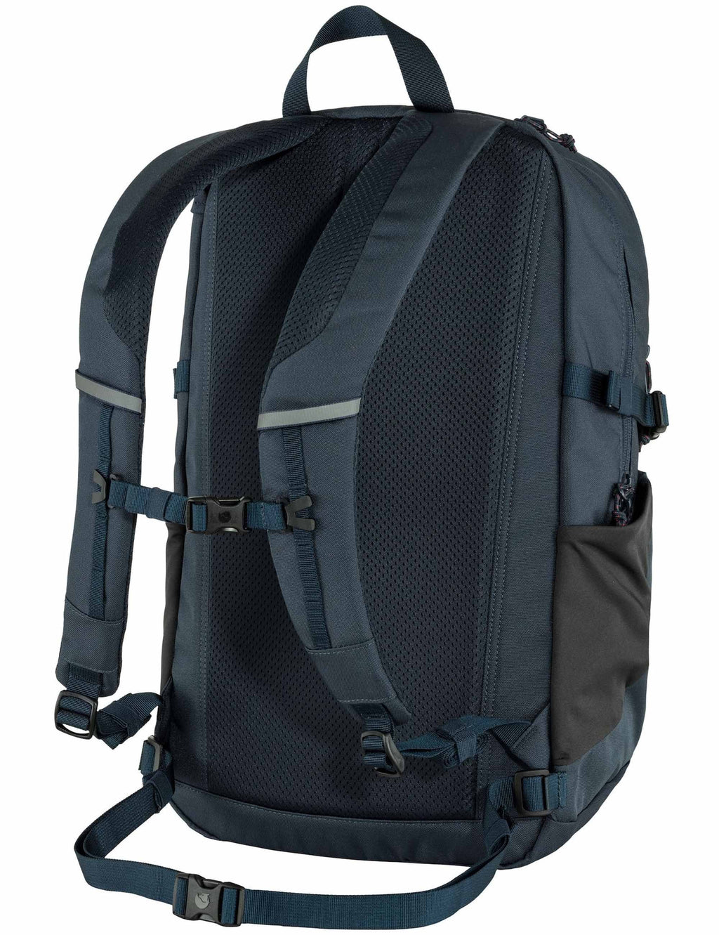 Navy 28L backpack back view with padded shoulder straps and vented panel
