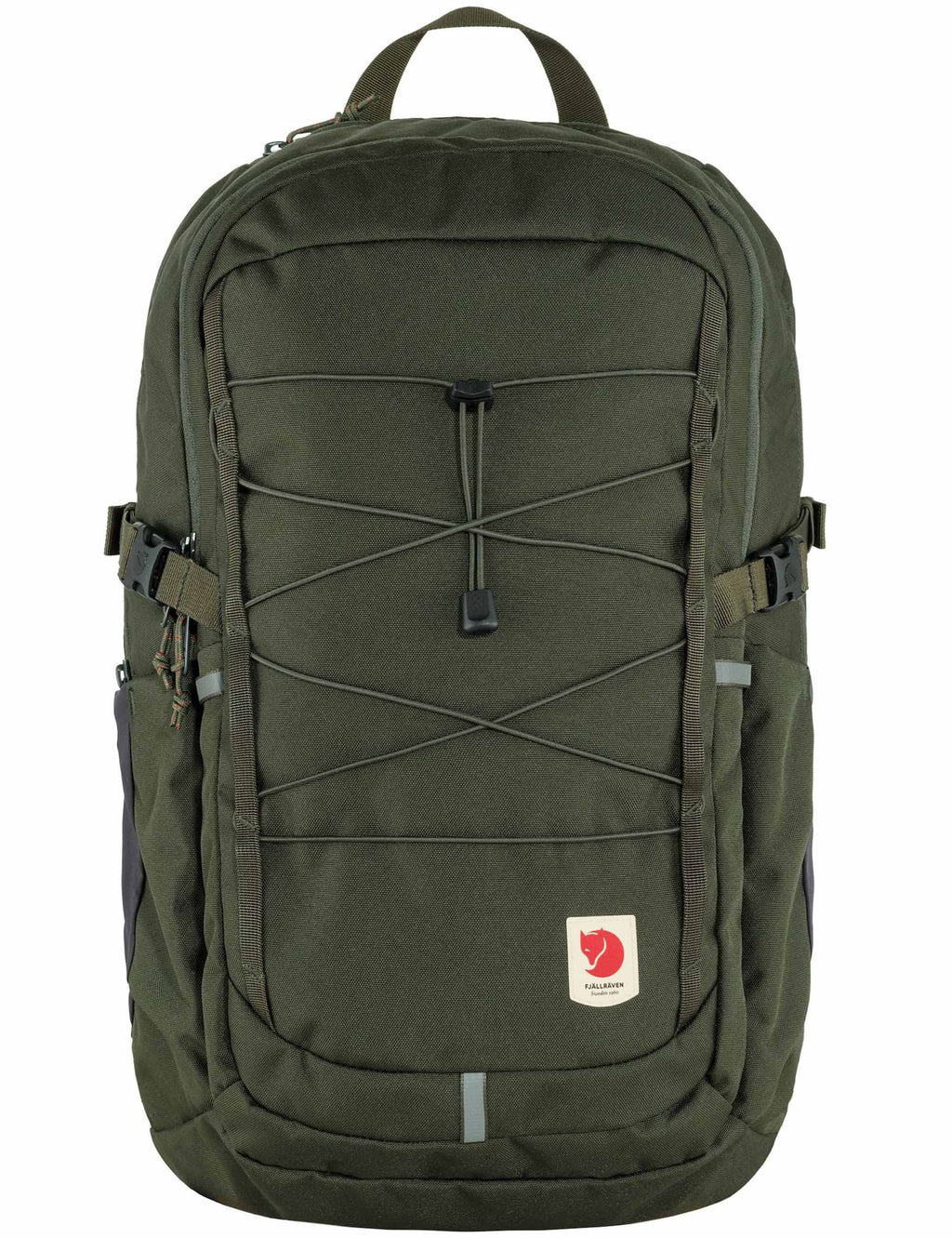 28L backpack in deep green with front zip panel and logo patch