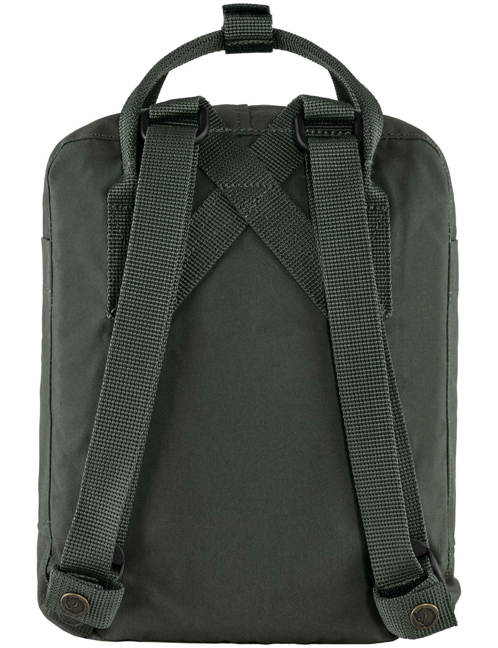 Kanken Mini backpack in forest green back panel with adjustable shoulder straps and top handle