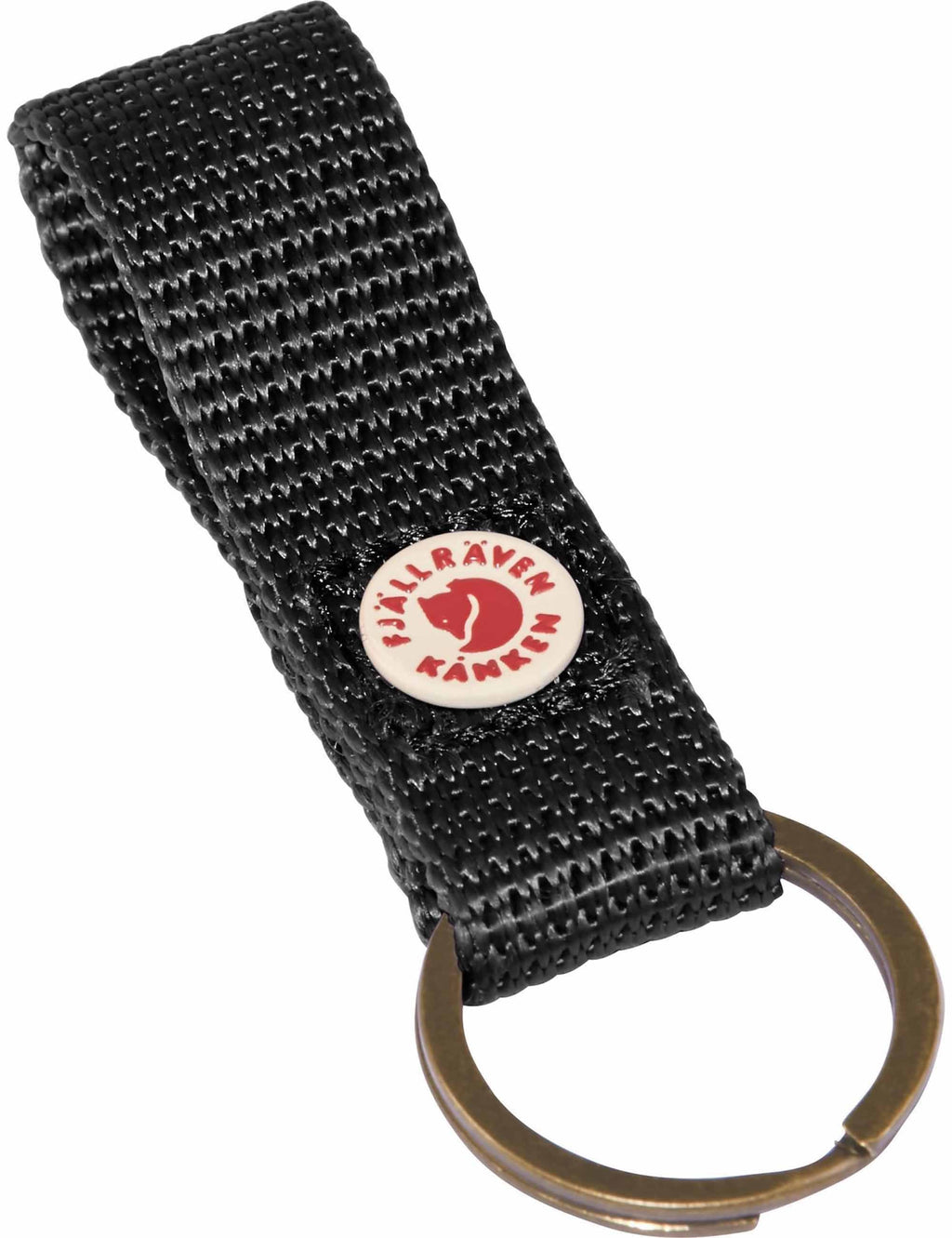 Black woven keyring strap with Kanken patch and metal ring