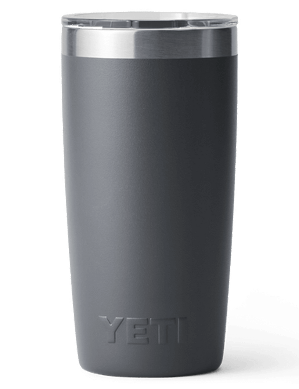 Charcoal Rambler tumbler with stainless lid and embossed YETI text