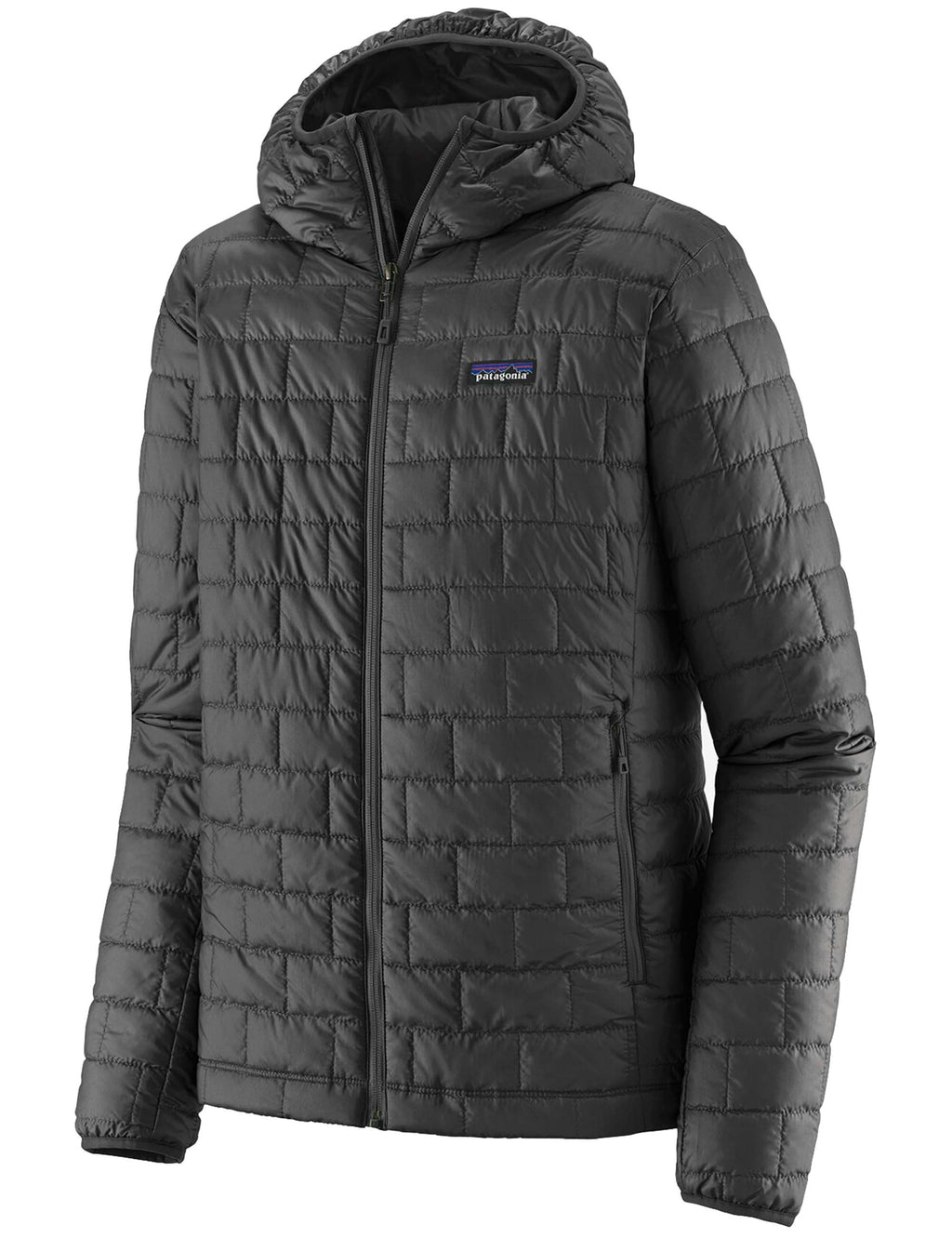 Nano Puff hooded jacket in dark gray with full-length front zipper