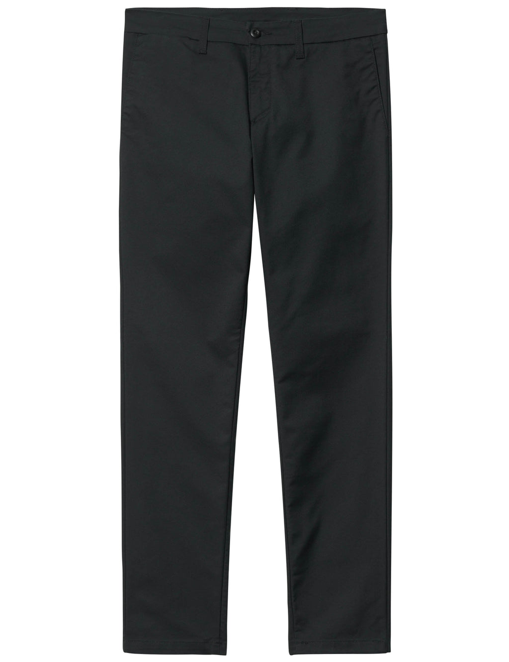 Black straight-leg trousers with belt loops and button-and-zip closure