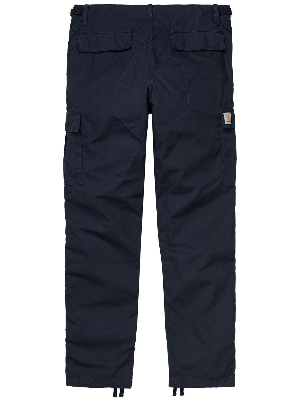 Dark navy cargo pants with belt loops and side cargo flap pockets.