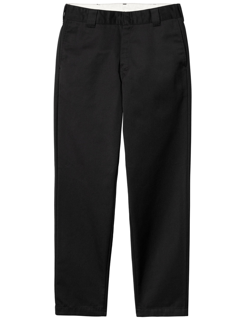 Black chino-style pants with elastic waist and straight-leg fit