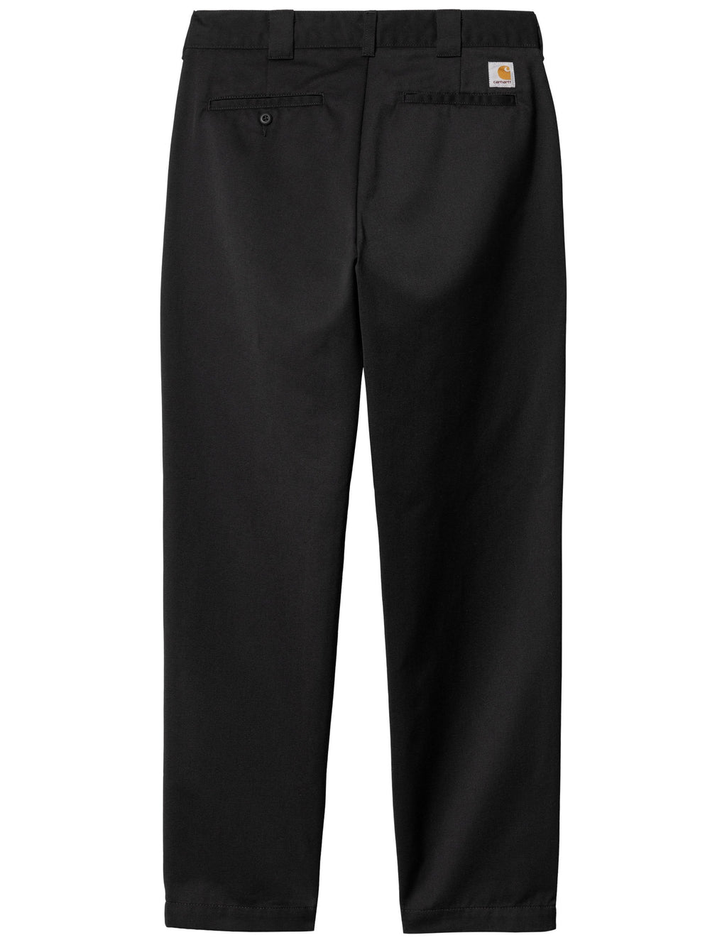 Black work pants with back yoke, belt loops, and buttoned fly