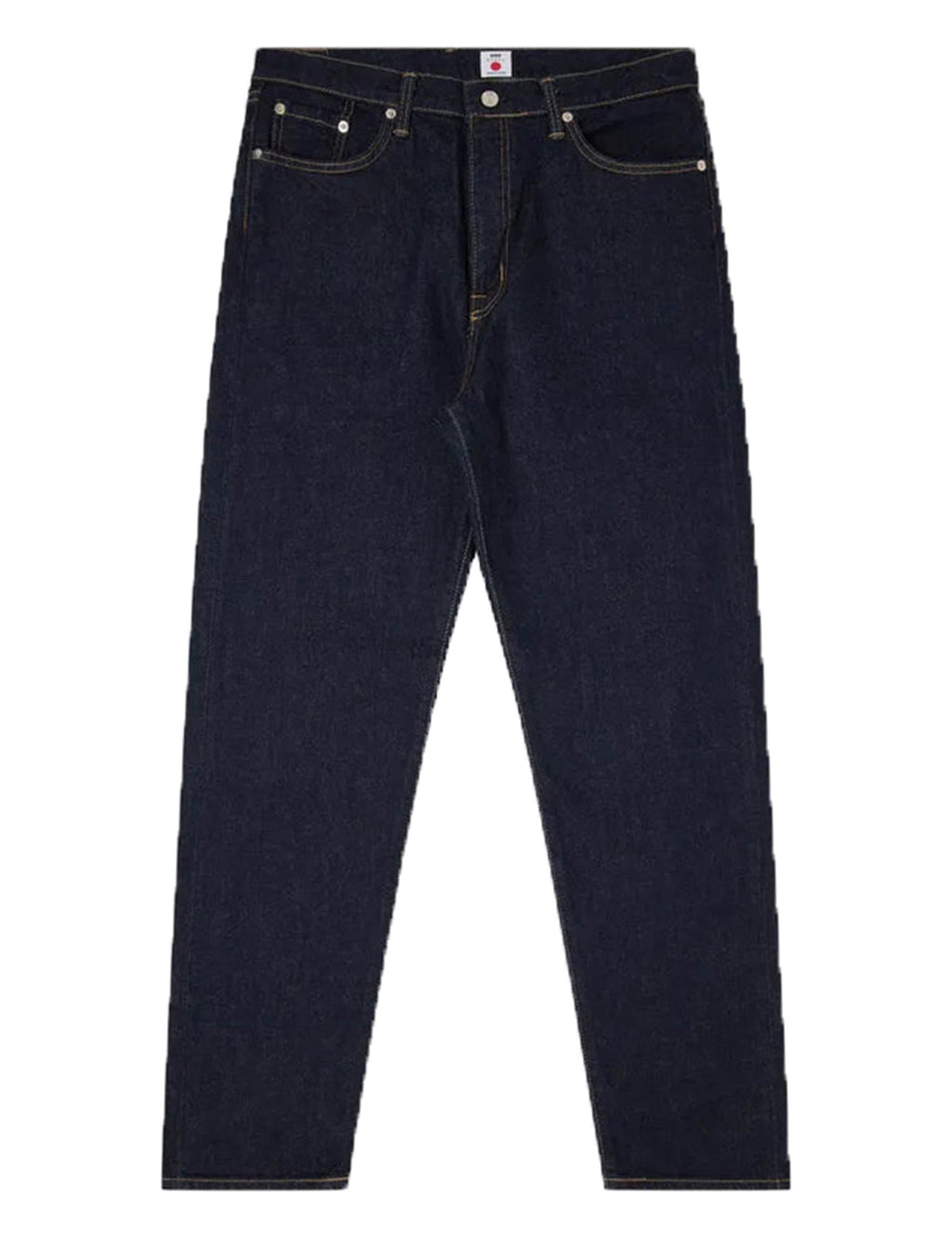 Dark blue tapered stretch jeans with button-fly, belt loops and five-pocket design
