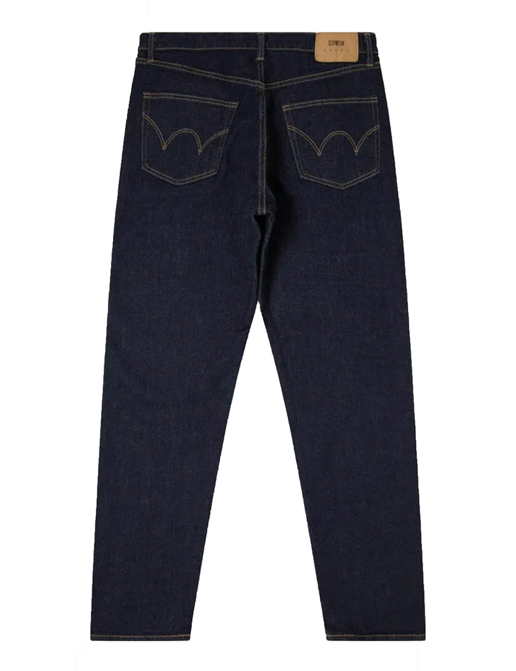 Dark blue tapered stretch jeans, back pockets with contrast stitching and leather patch