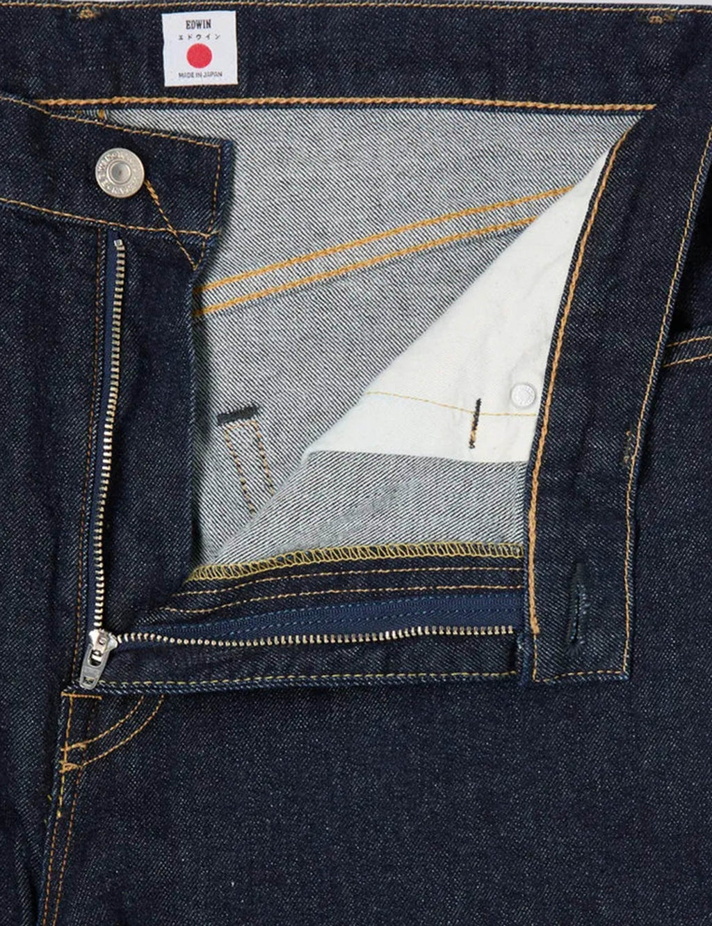 Dark blue jeans detail: zip fly, side pocket, stitched seams and brand patch at waistband