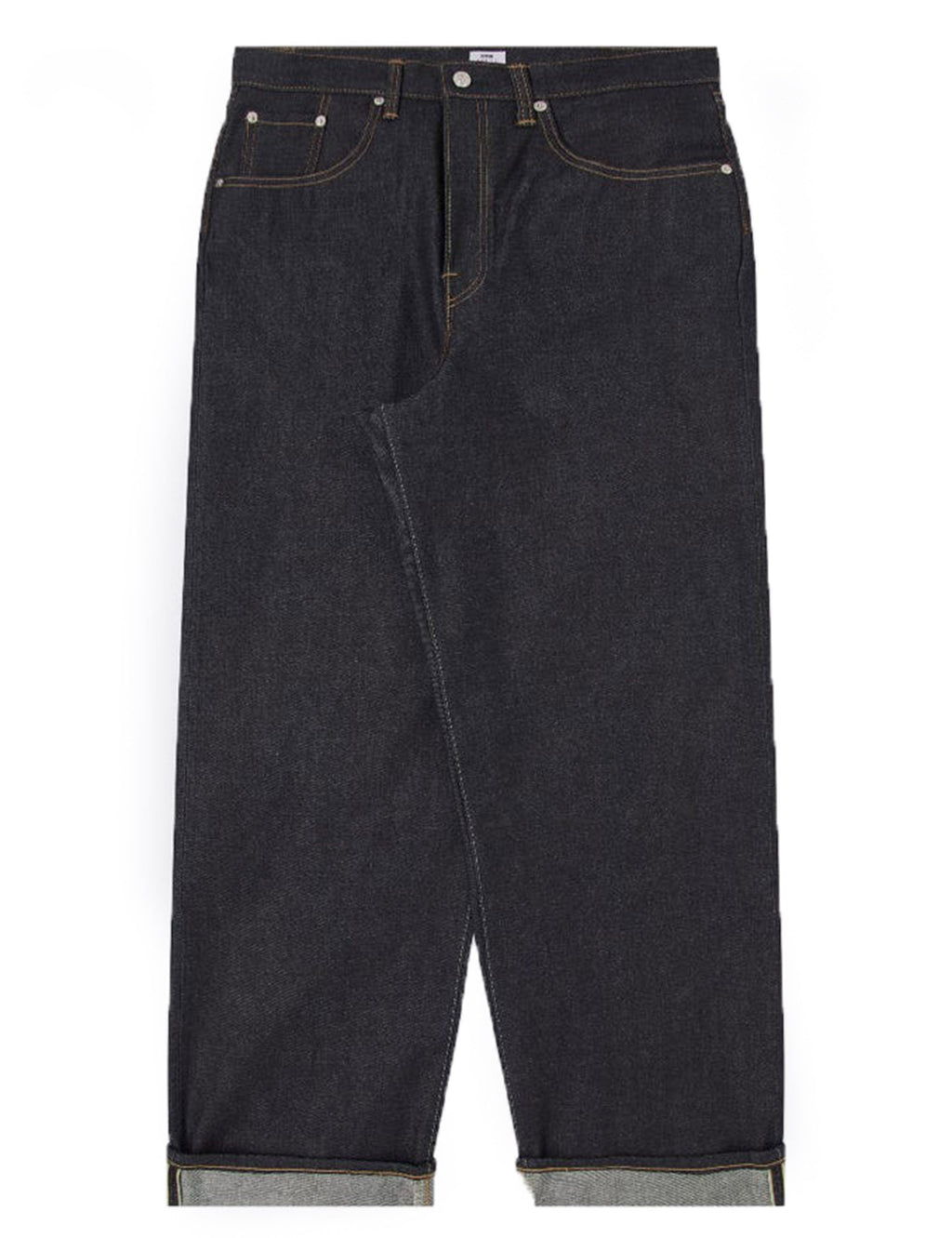 Wide denim selvedge pants, dark blue wash, button fly and belt loops