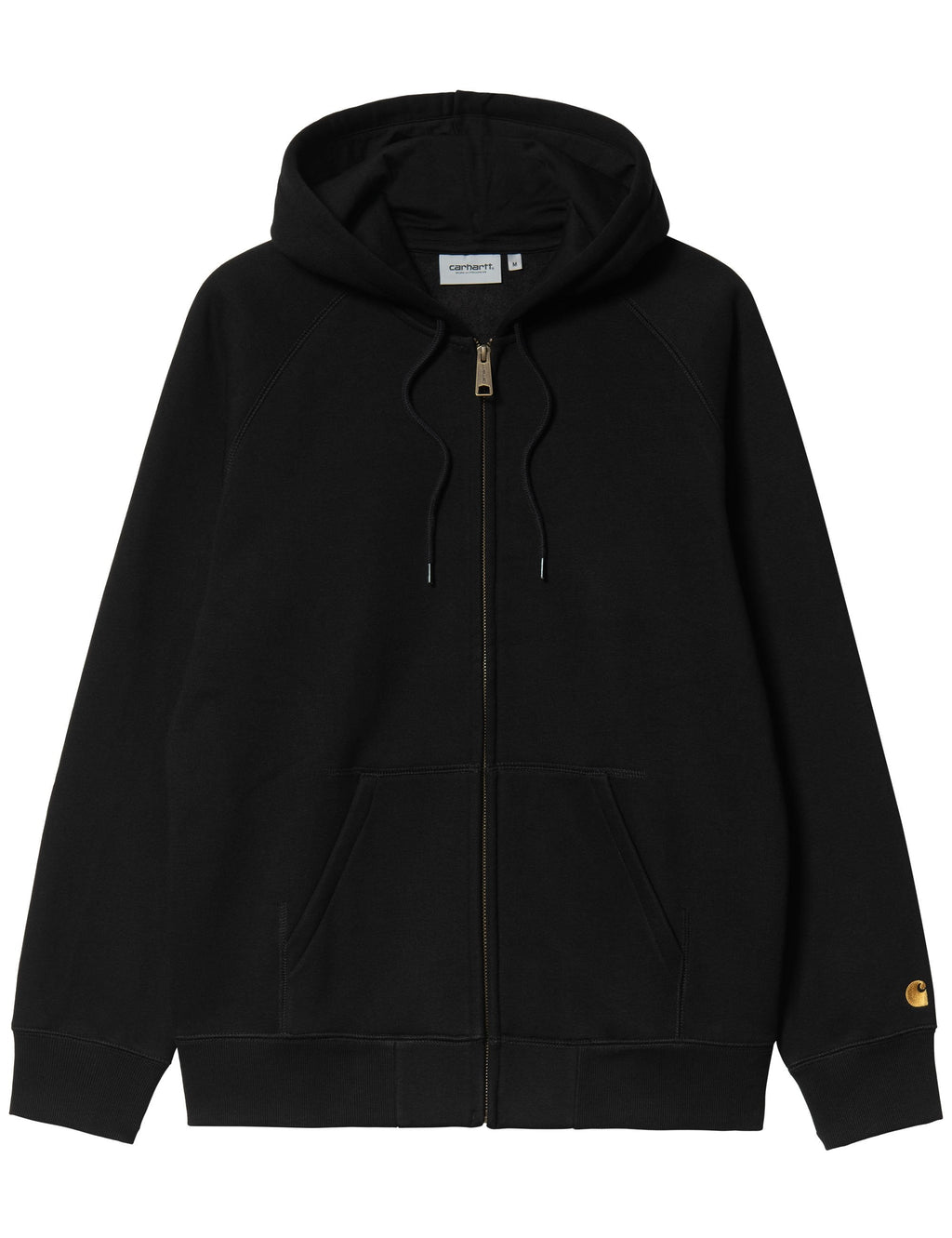 Black hooded jacket with front zip, drawstring hood, and gold zipper detail
