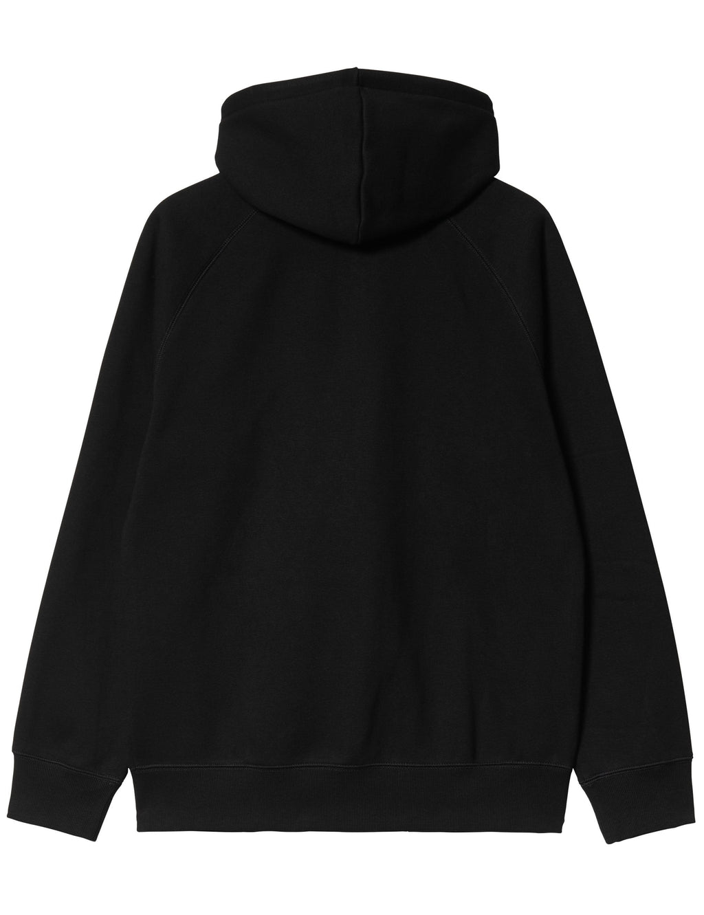 Black hooded jacket back view with drawstring hood and ribbed cuffs