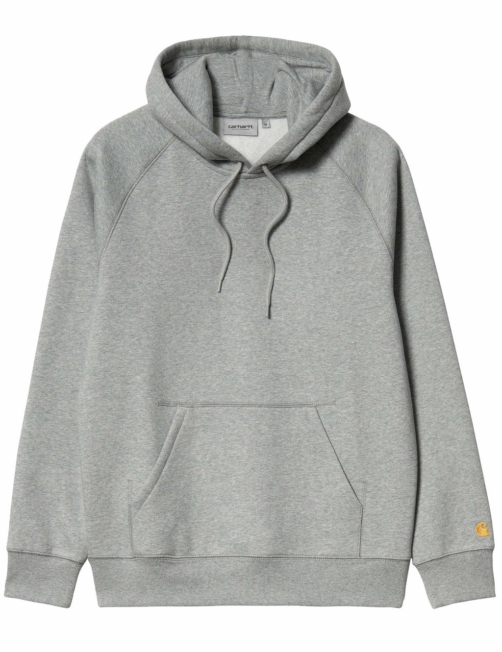 Grey heather hooded sweatshirt with drawstring and kangaroo pocket, gold sleeve logo
