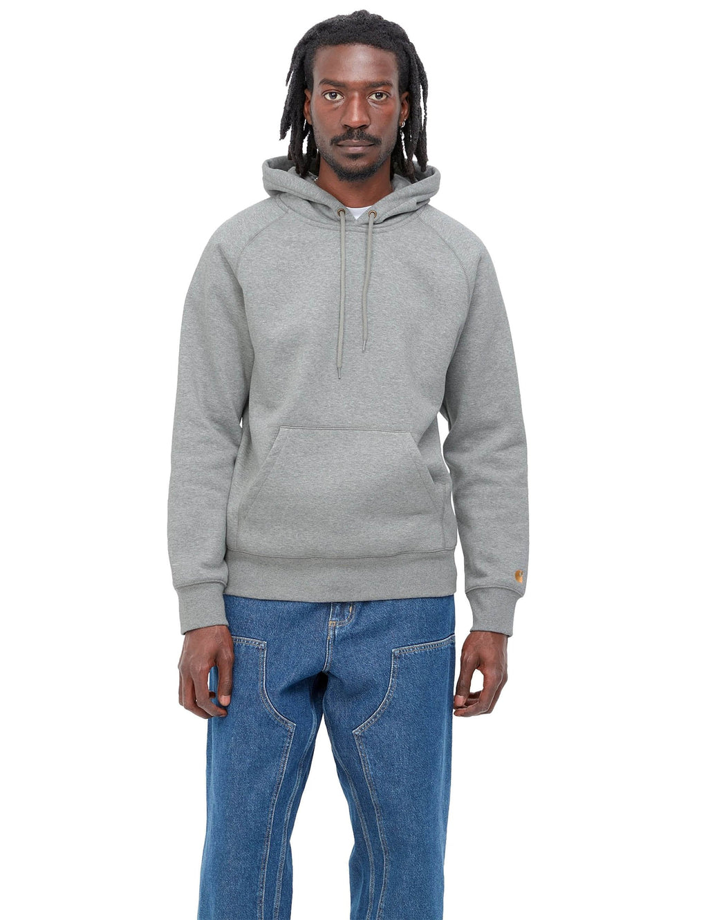 Grey heather hooded sweatshirt on model, drawstring hood and kangaroo pocket