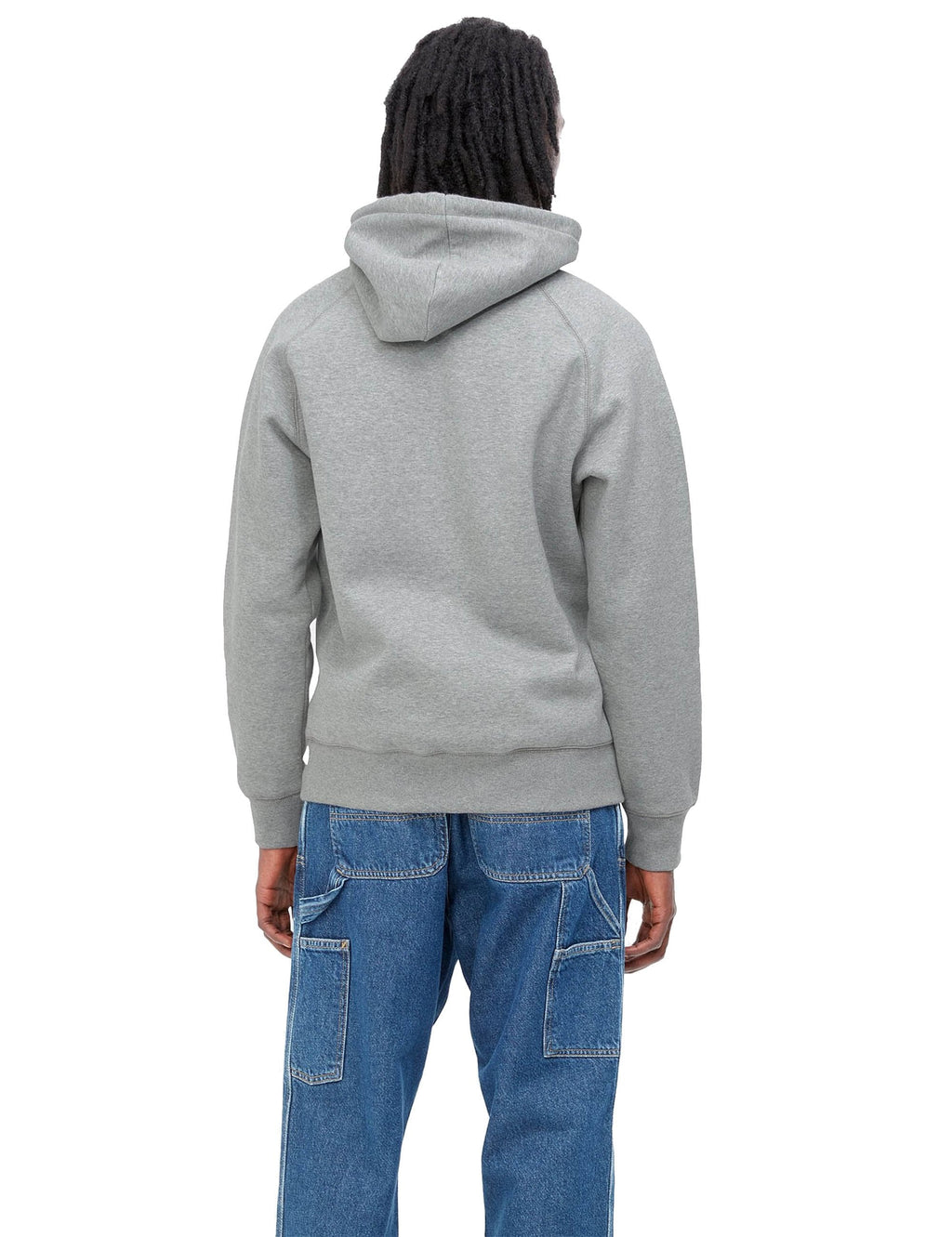 Grey heather hooded sweatshirt on model from behind, hood and kangaroo pocket
