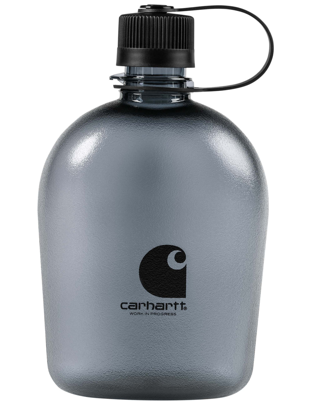 Insulated water bottle with black cap, gray body, and Carhartt logo