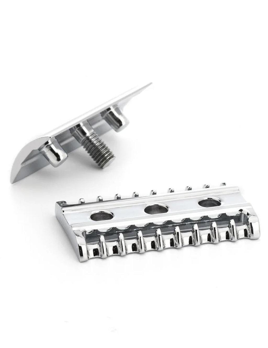 Open comb safety razor head, silver metal base with comb teeth and center screw post