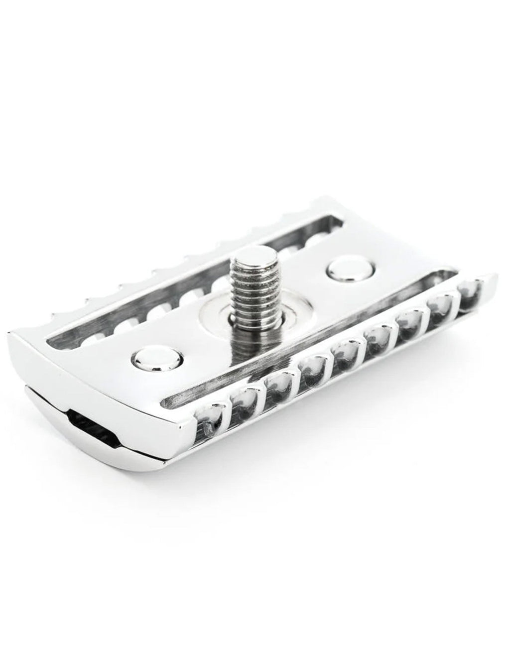 Open comb safety razor head, silver metal with comb guard teeth and center threaded post