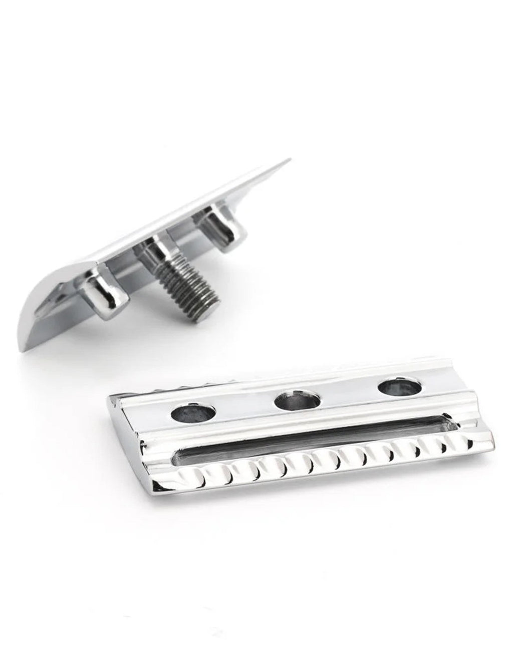 Replacement safety razor head with closed comb, chrome finish and screw thread