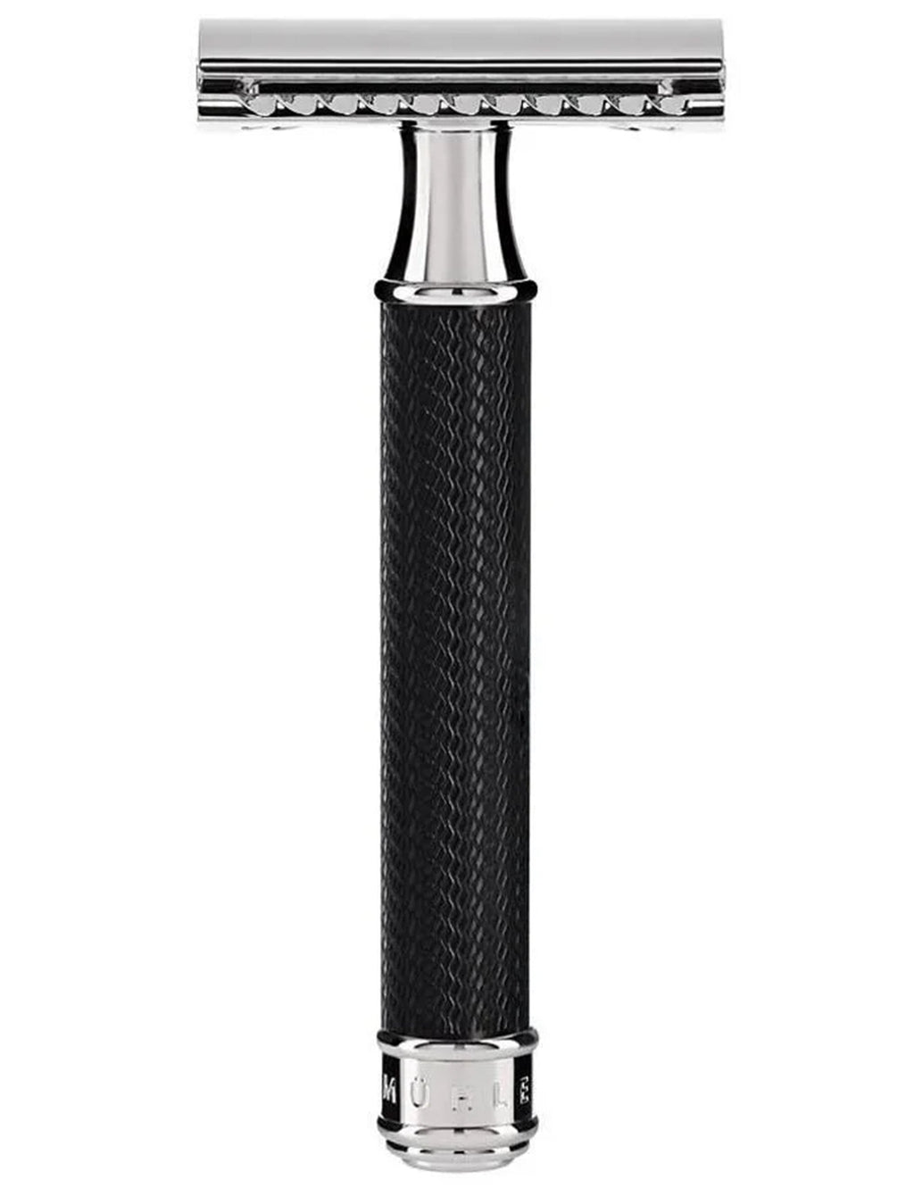 Black closed-comb traditional safety razor with textured grip handle
