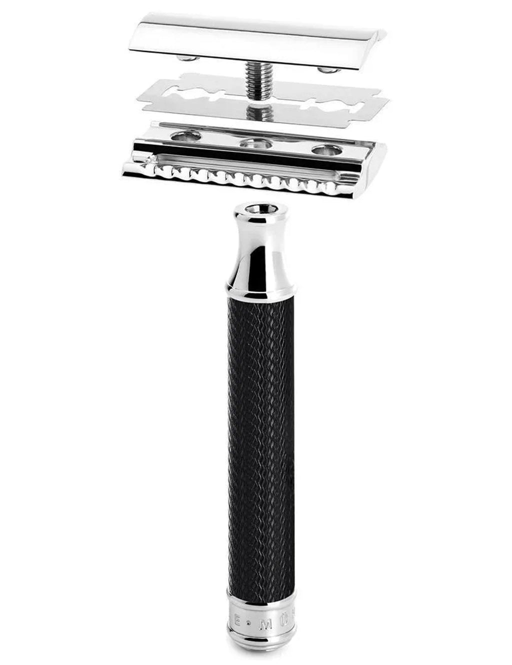 Black traditional safety razor with chrome closed-comb head and textured handle