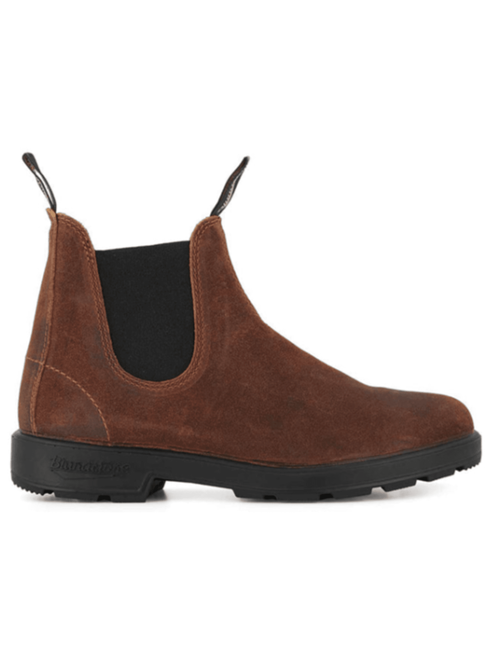 Tobacco brown suede Chelsea boots with black elastic side panels and thick sole
