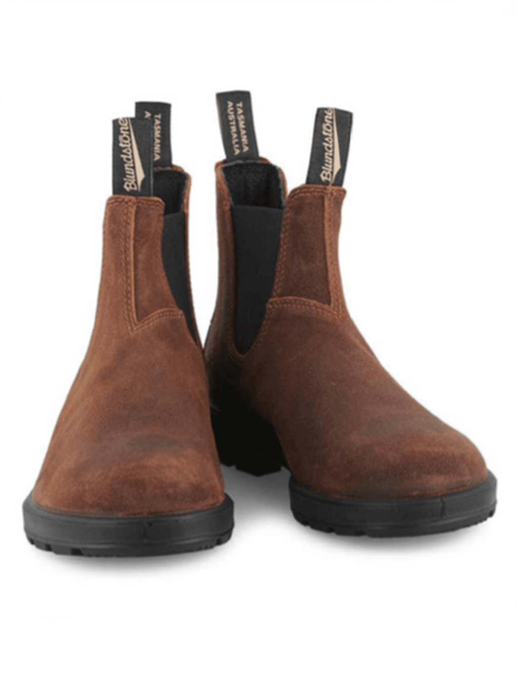 Pair of tobacco brown suede Chelsea boots with black elastic goring and flat soles