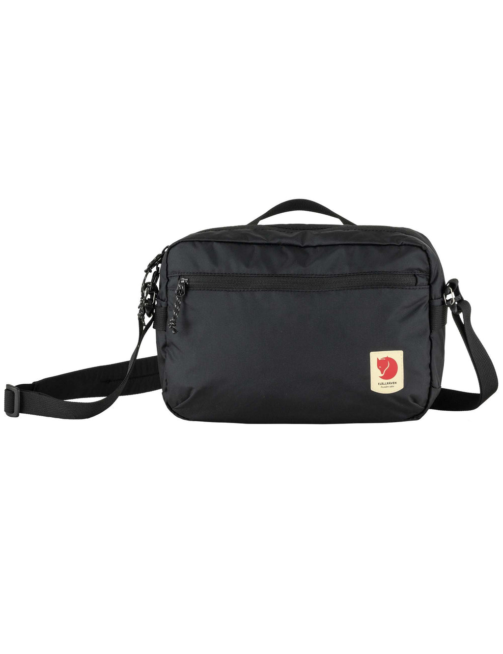 Black crossbody bag with zippered front pocket and adjustable shoulder strap
