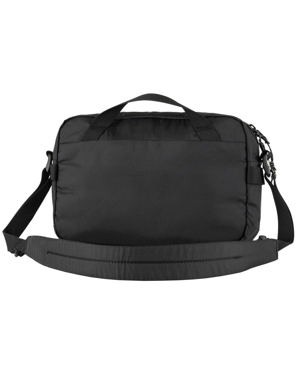 Black crossbody bag with padded base and adjustable shoulder strap, side view
