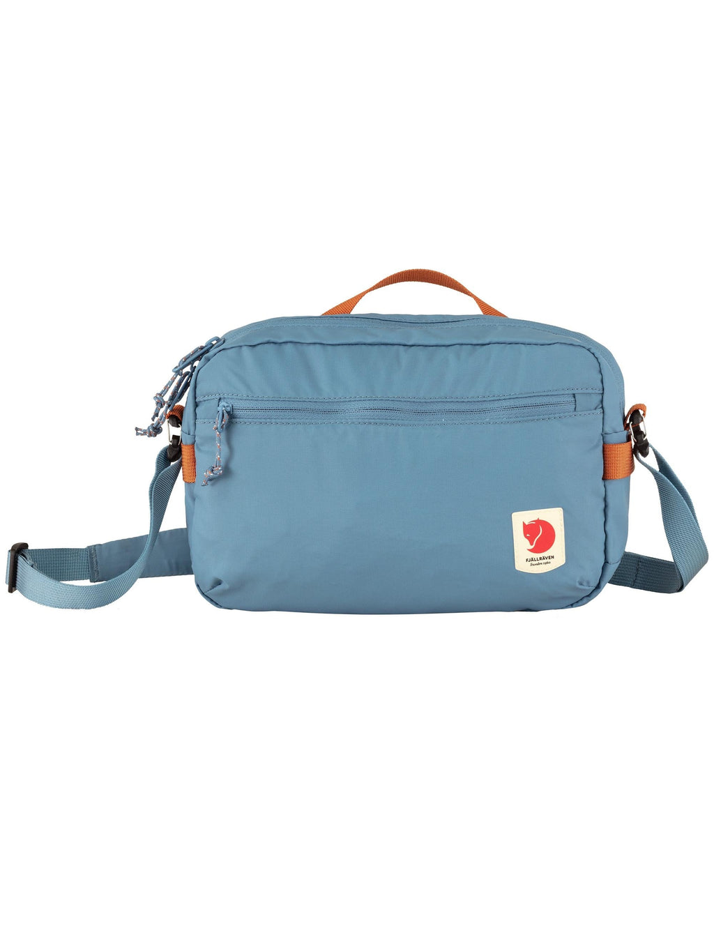 Dawn Blue crossbody bag with zip pocket, orange handle and shoulder strap
