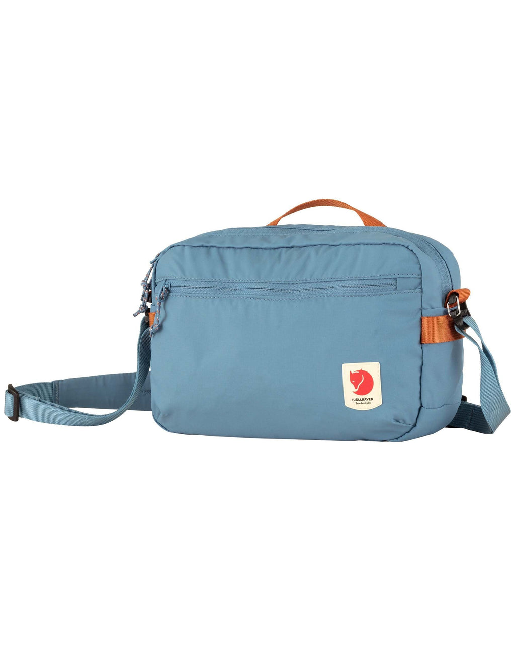 Dawn Blue crossbody bag with front logo patch, zipper pulls, and side straps
