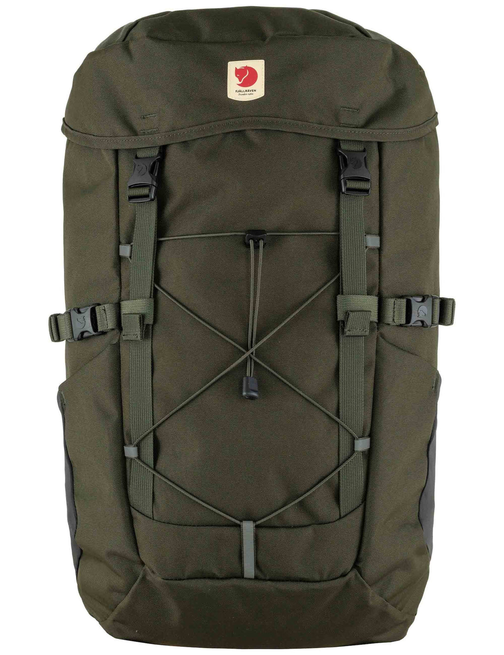Olive-green top-loading backpack with front crisscross bungee and flap pocket
