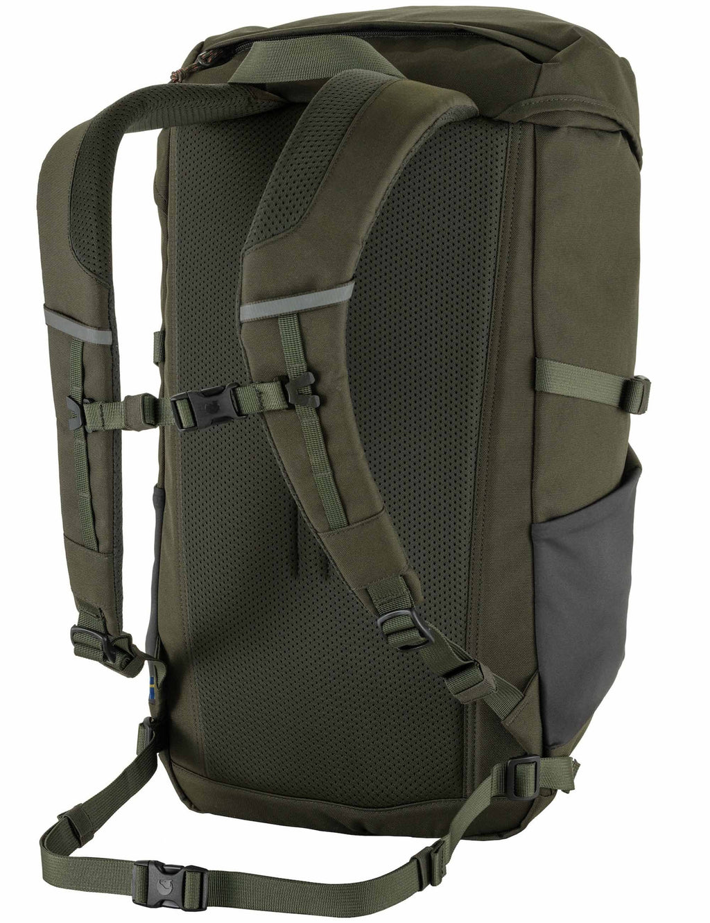 Olive-green backpack with mesh back panel and adjustable shoulder straps