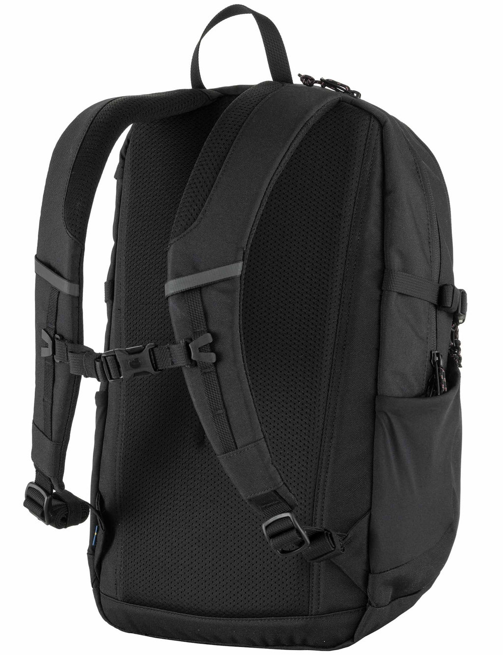 Black backpack with padded back panel and side webbing straps