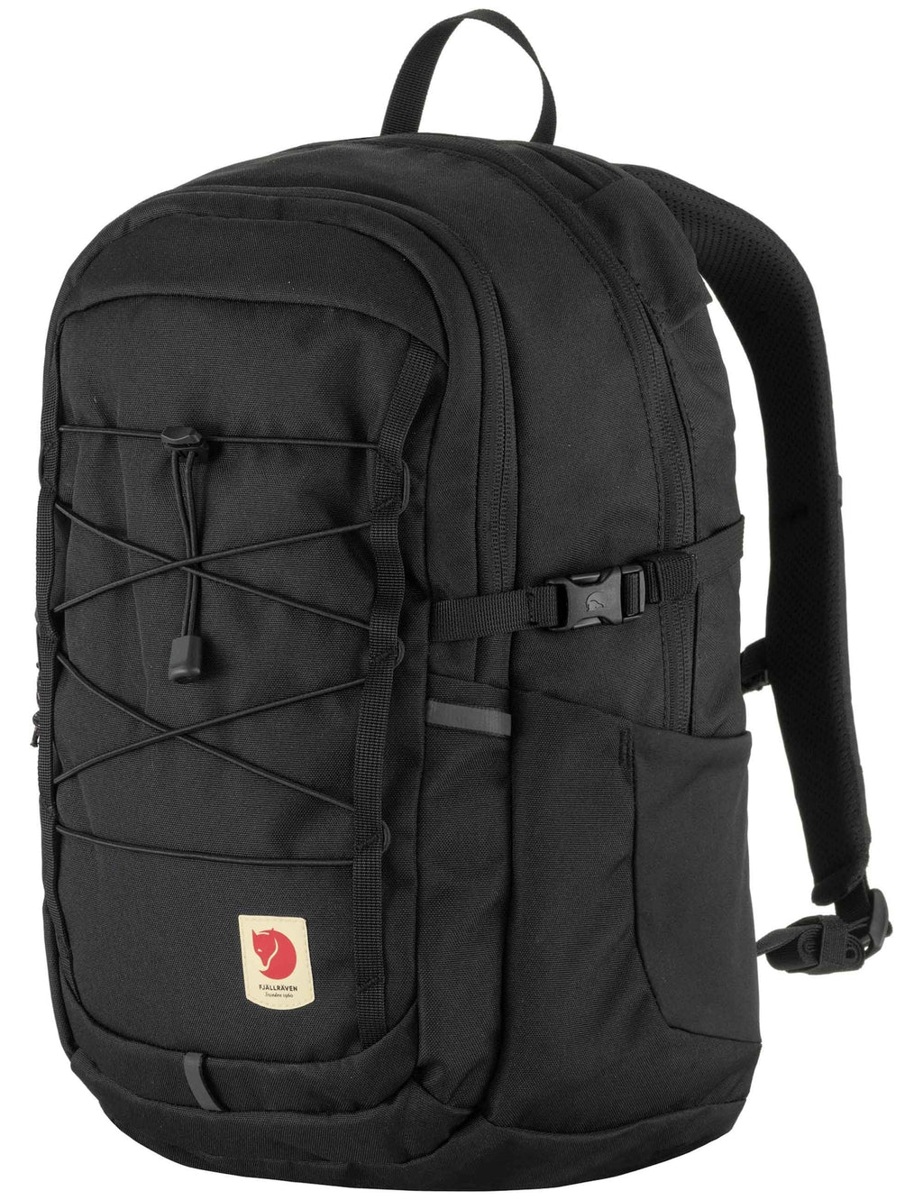 Black 20L backpack with top handle, front organizer, and logo patch