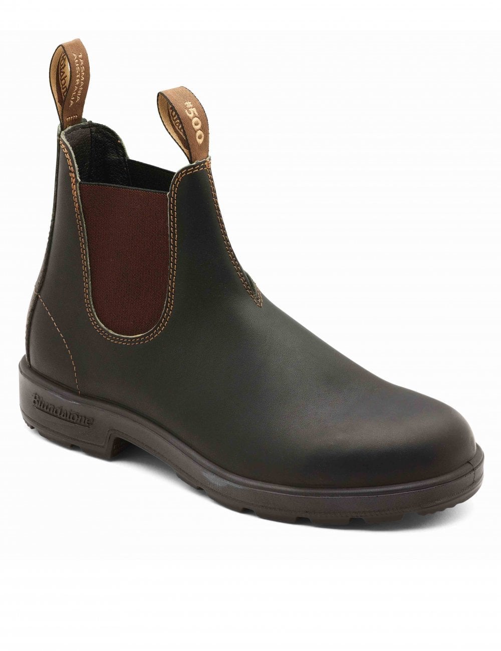 Dark brown leather Chelsea boot with elastic gore, stitched detailing, low profile tread