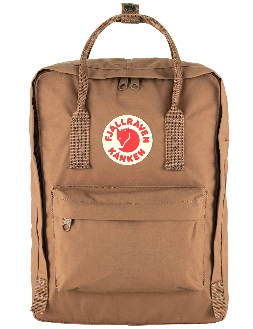 Kanken Classic backpack, khaki dust brown, front pocket, top handle, logo patch