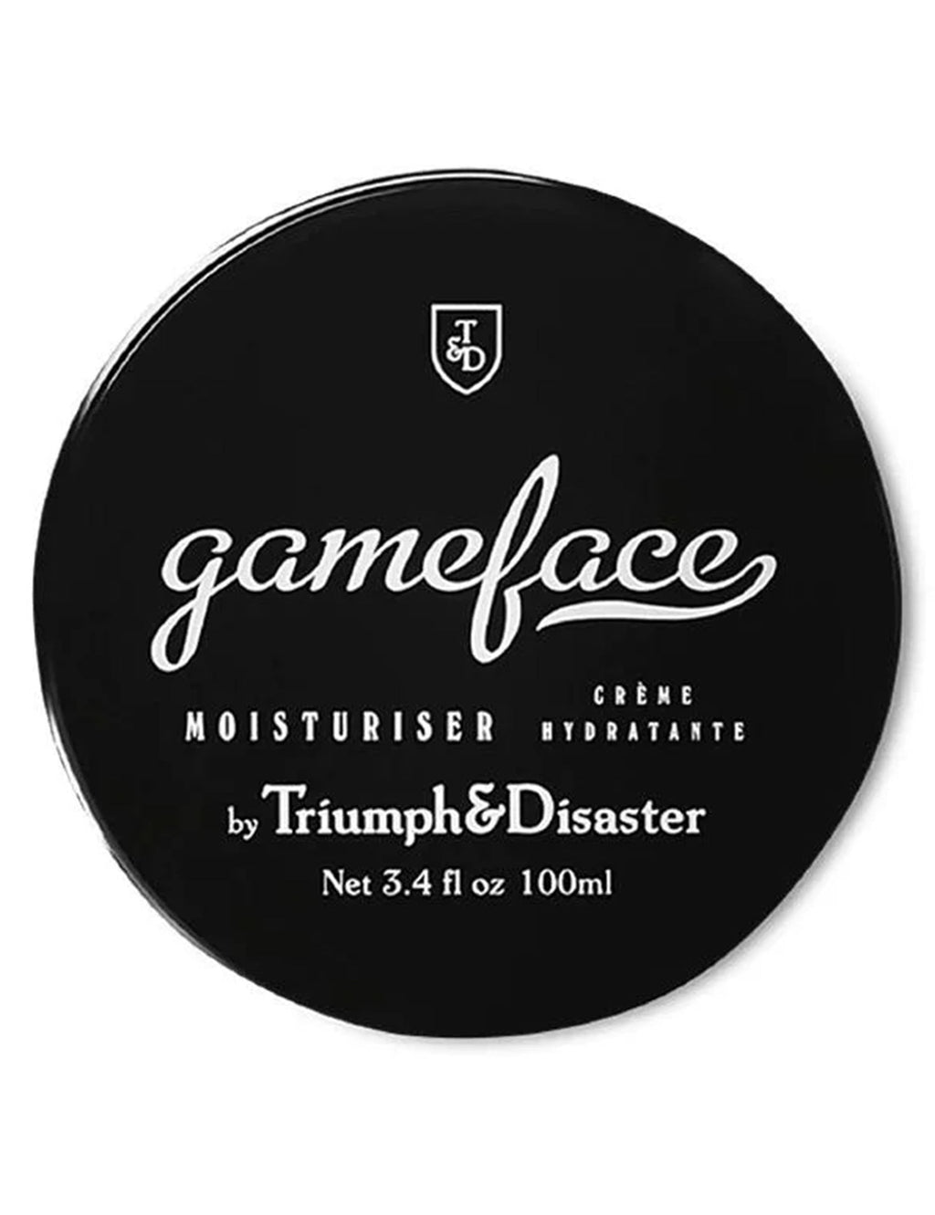 Gameface facial moisturiser jar with black lid, gameface logo and hydrant text