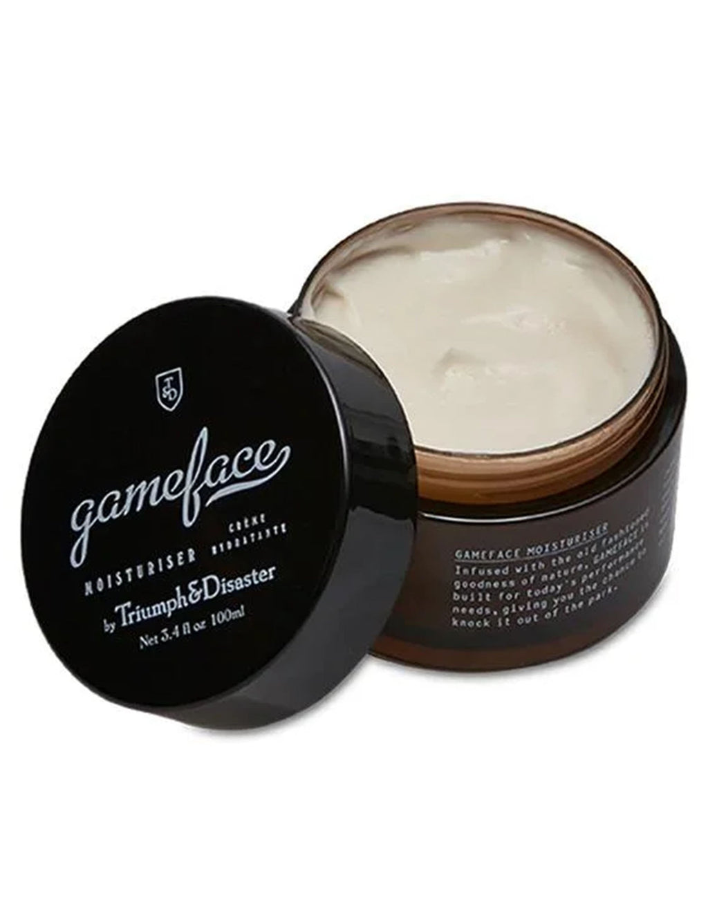 Gameface facial moisturiser jar with open black lid, visible cream inside