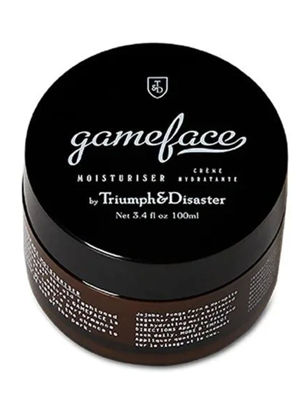 Gameface facial moisturiser jar with black lid and brown body, printed ingredient text