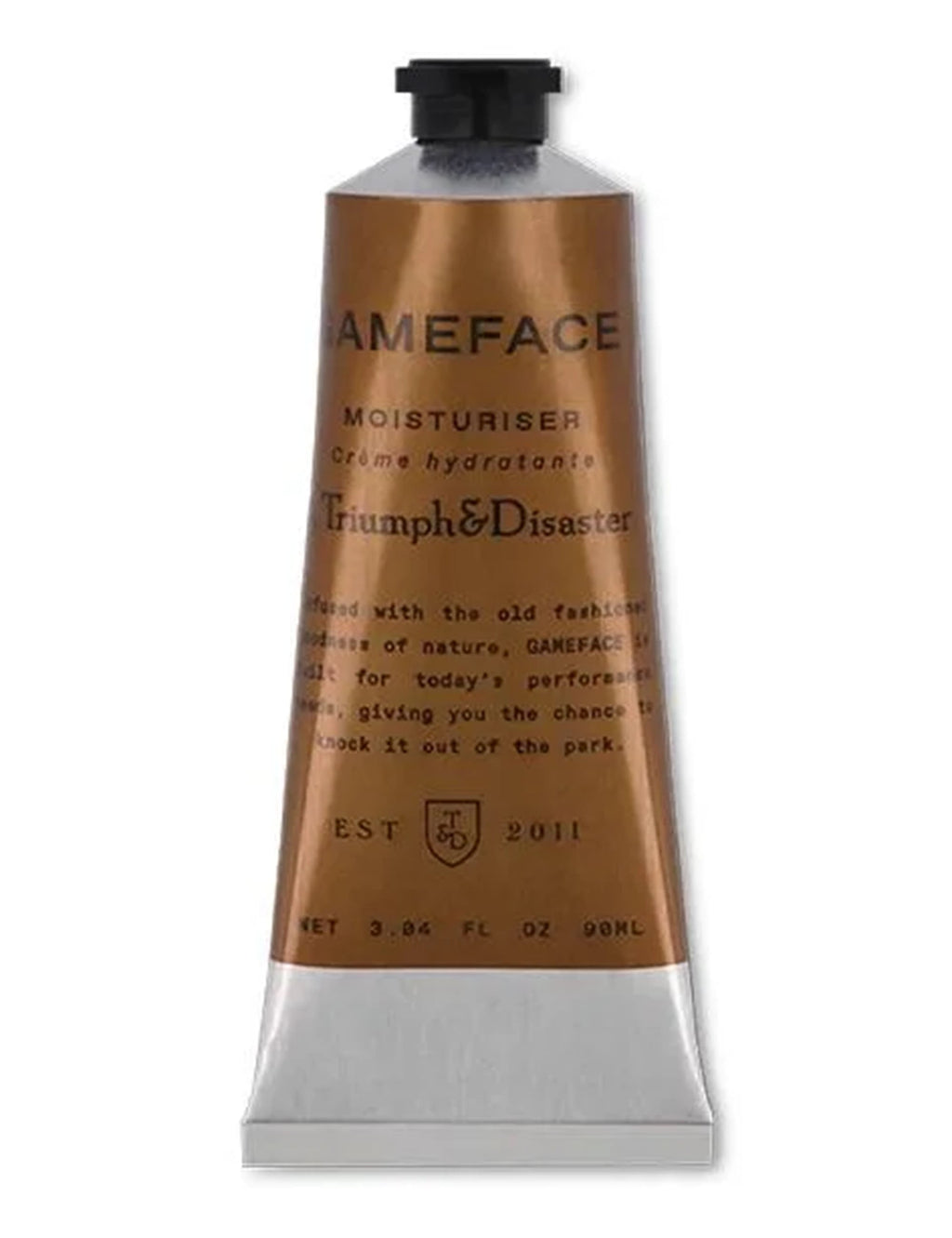 Facial moisturiser tube with black cap, metallic gold body and printed label